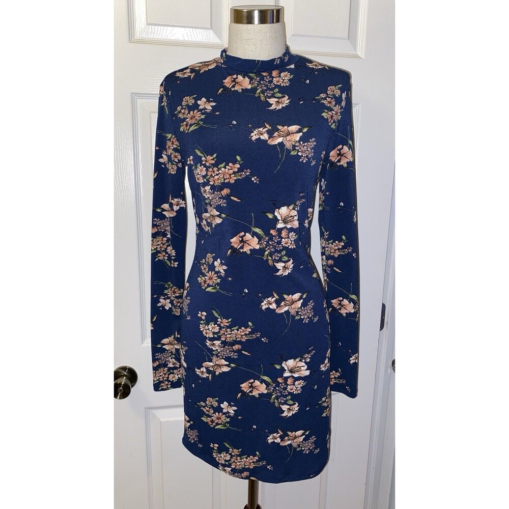 FOREVER 21 Women’s Blue Floral Mock Neck Long Sleeve Bodycon Mini Dress Size L